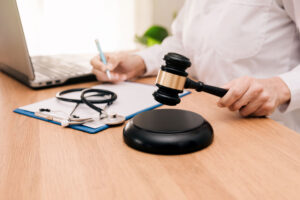 Doctor writing on clipboard beside a gavel and stethoscope, illustrating the role of medical professionals as expert witnesses in legal cases.