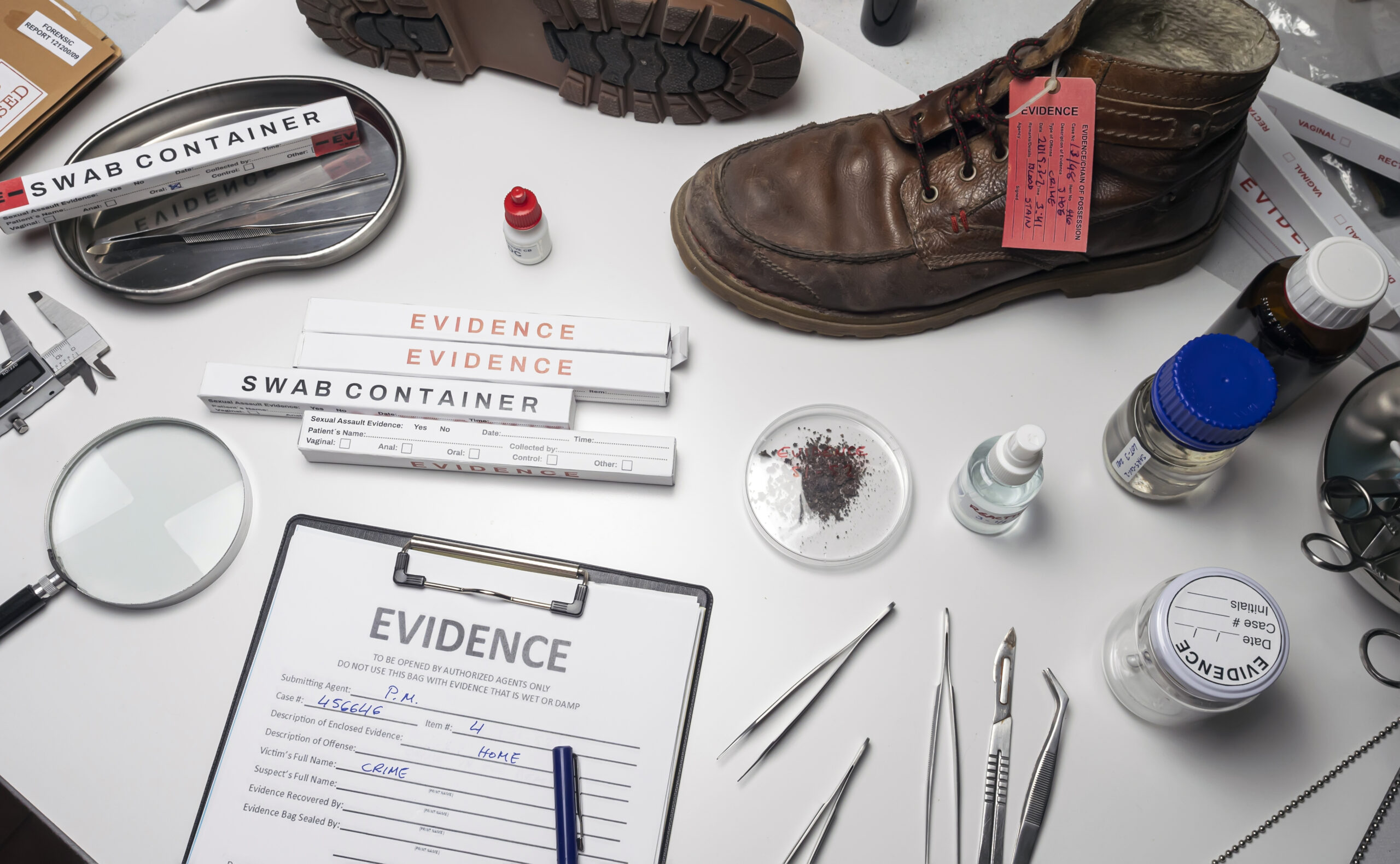 A forensic evidence scene showing a worn brown boot with an evidence tag, swab containers, a filled-out evidence form, tweezers, petri dish with debris, and crime lab tools used by a medical expert witness for consulting on crime-related entertainment scenes.