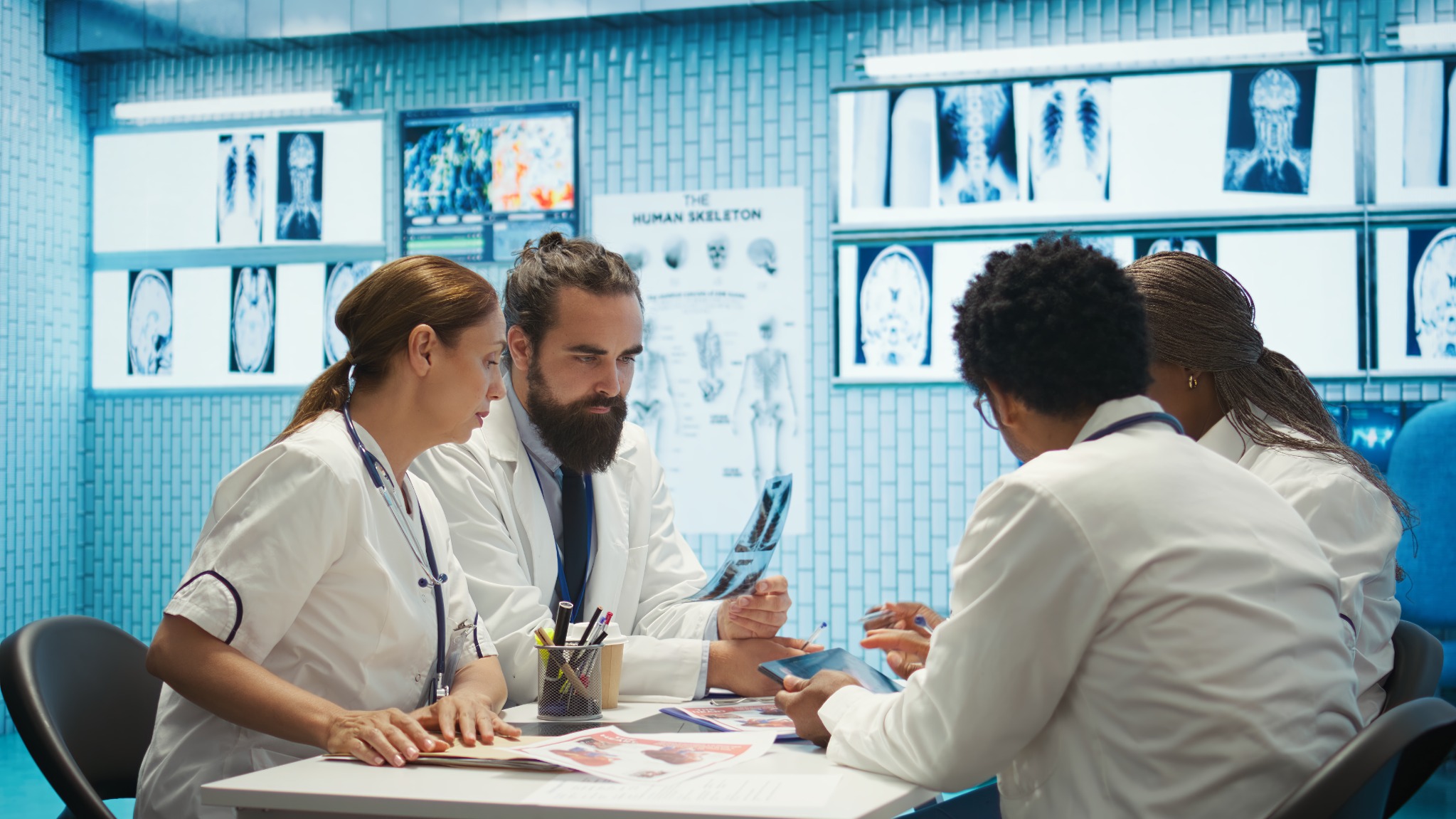 Medical expert insight shared during a collaborative team review of diagnostic imaging for accurate representation in film scenes.